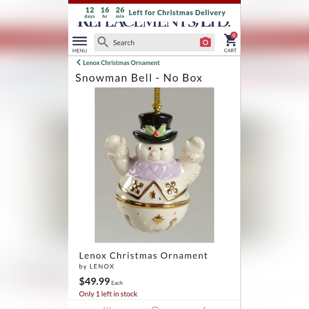 Lenox Mini Sleigh Bell Snowman Ornament~,Porcelain~Handpainted~Retired